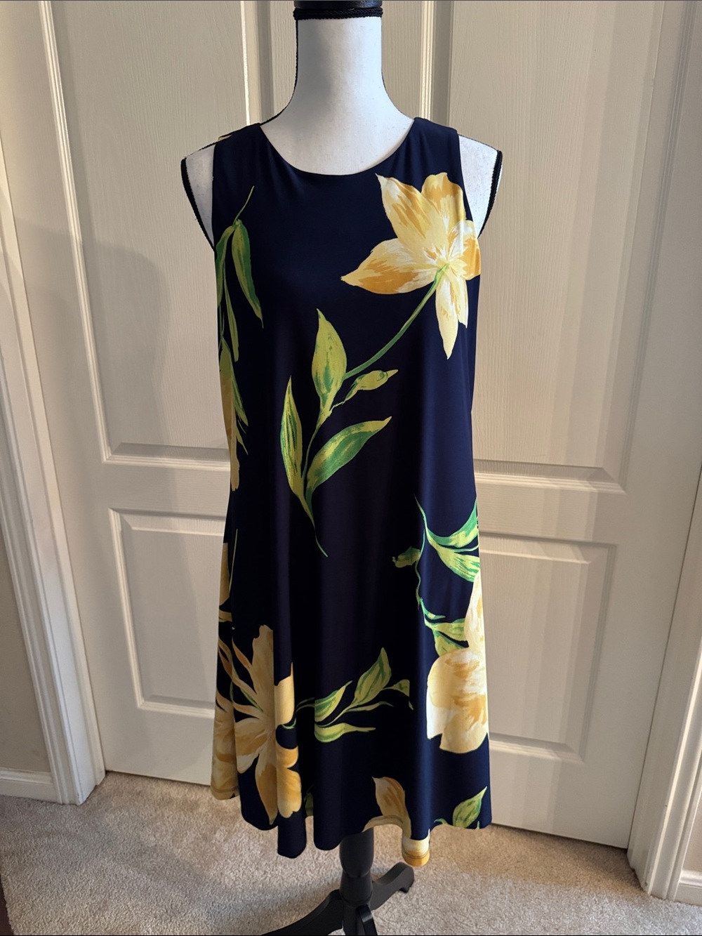 Anne Klein - Navy Midi Dress with Yellow Floral Print - Size 10